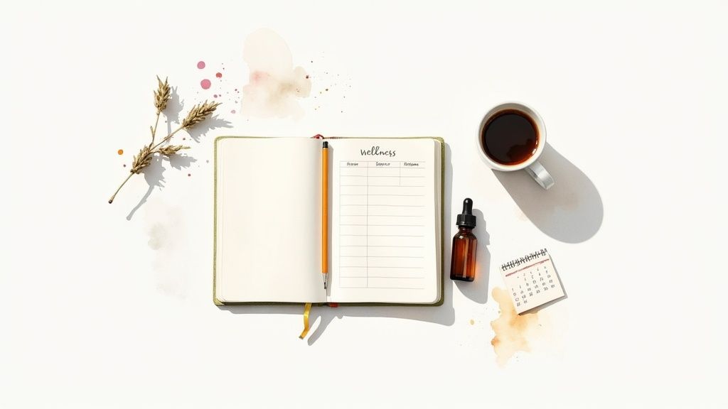 A flat lay of an open wellness journal, pencil, coffee, dropper bottle, and calendar on white.