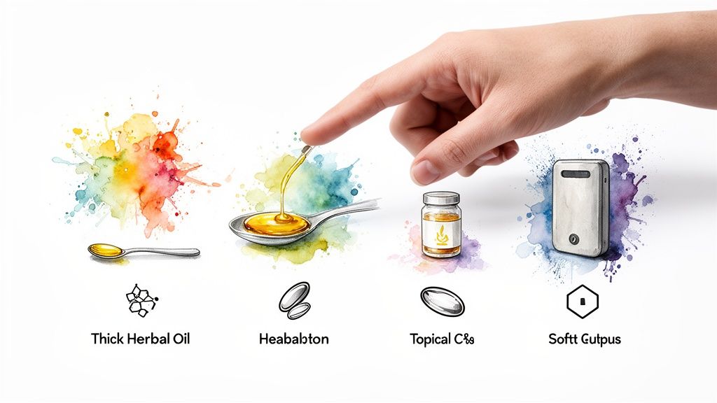 Watercolor illustration showing different forms of herbal oil products with a hand pointing.