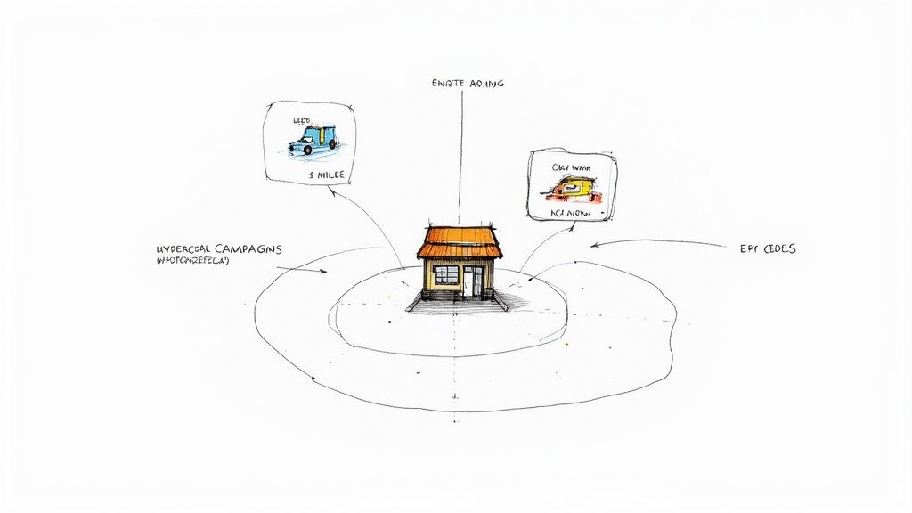 A hand-drawn diagram illustrating a local business with connected elements like vehicles, campaigns, and location data.