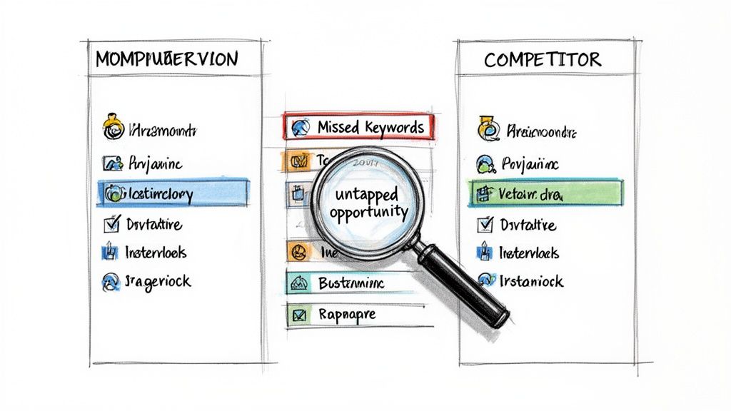 A sketch comparing keywords between a company and a competitor, highlighting missed opportunities for growth.