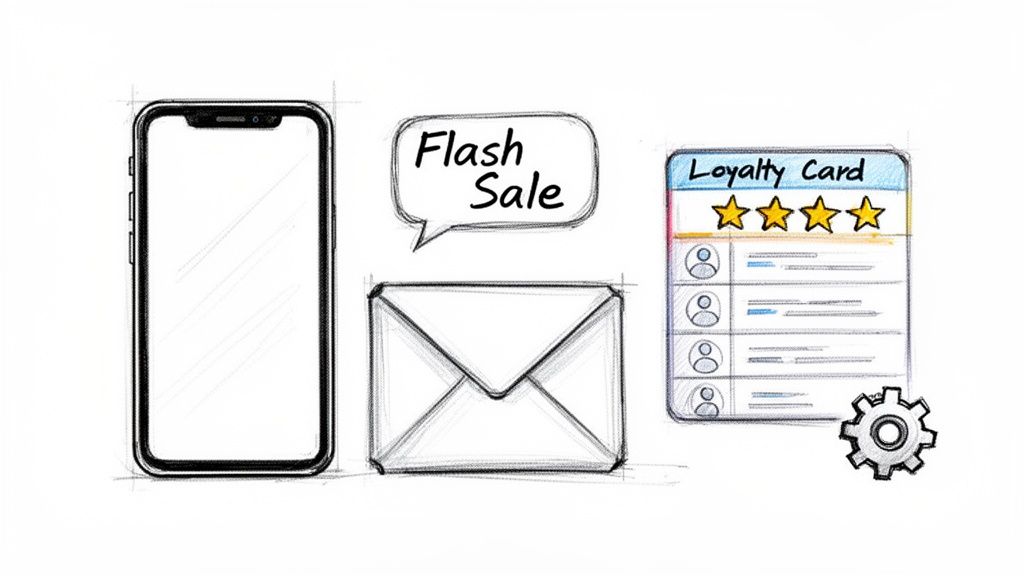 Sketch of digital marketing concepts: smartphone, flash sale, email, loyalty card, and settings icon.
