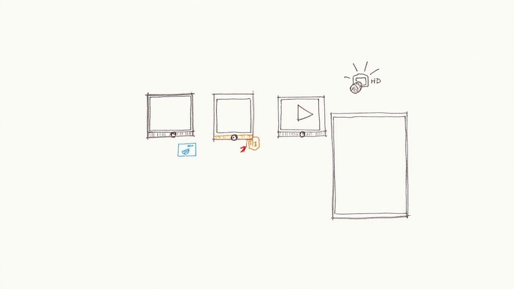 Hand-drawn sketch illustrating multiple screen interfaces with icons for video, notifications, and HD quality.