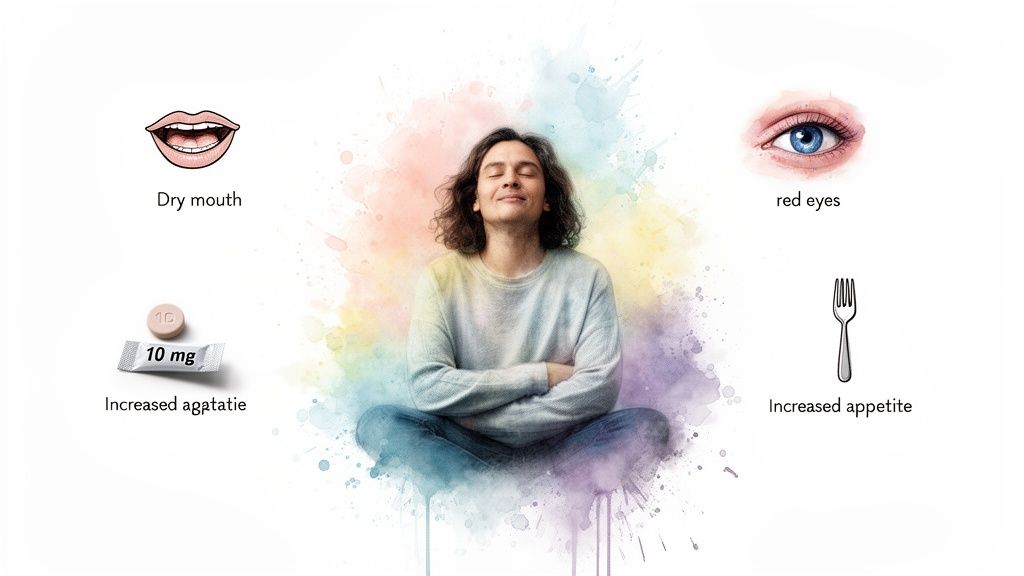 A person meditating amidst colorful splashes, surrounded by illustrations of dry mouth, red eyes, a 10mg pill, and increased appetite.