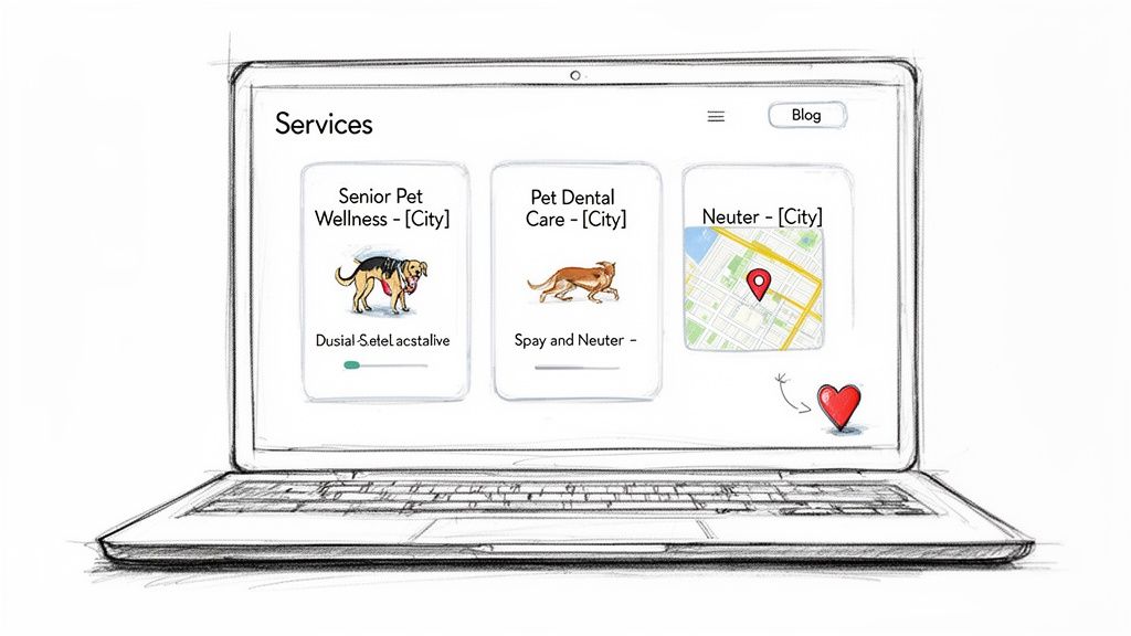 Sketch of a laptop screen displaying a veterinary services page for pet wellness, dental care, and neutering.