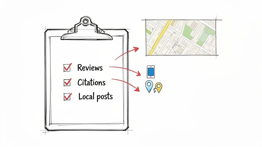A clipboard with a checklist for local SEO: Reviews, Citations, Local posts, pointing to map, phone, and location pins.