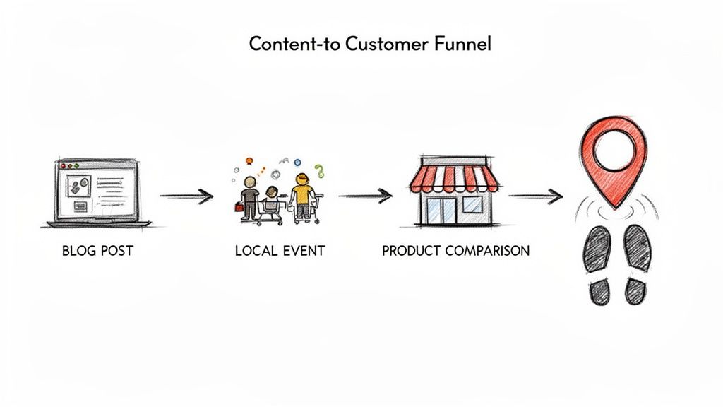 Diagram of a content-to-customer funnel: blog post, local event, product comparison, and customer conversion.