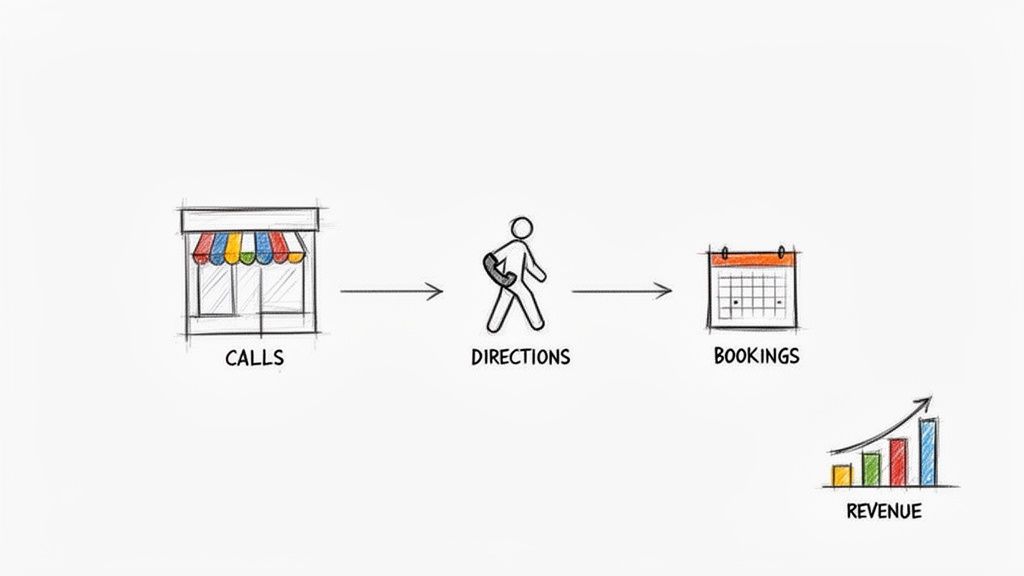 A sketch flow chart showing calls leading to directions, then bookings, and ultimately revenue growth.