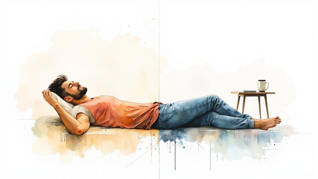 A man relaxing on a surface, illustrated in watercolor style, with a mug and phone nearby.