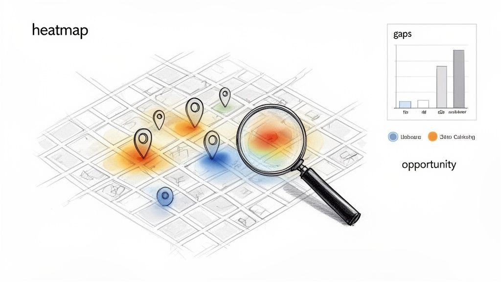 Heatmap visualization on a city map with location pins, a magnifying glass, bar chart, and opportunities.