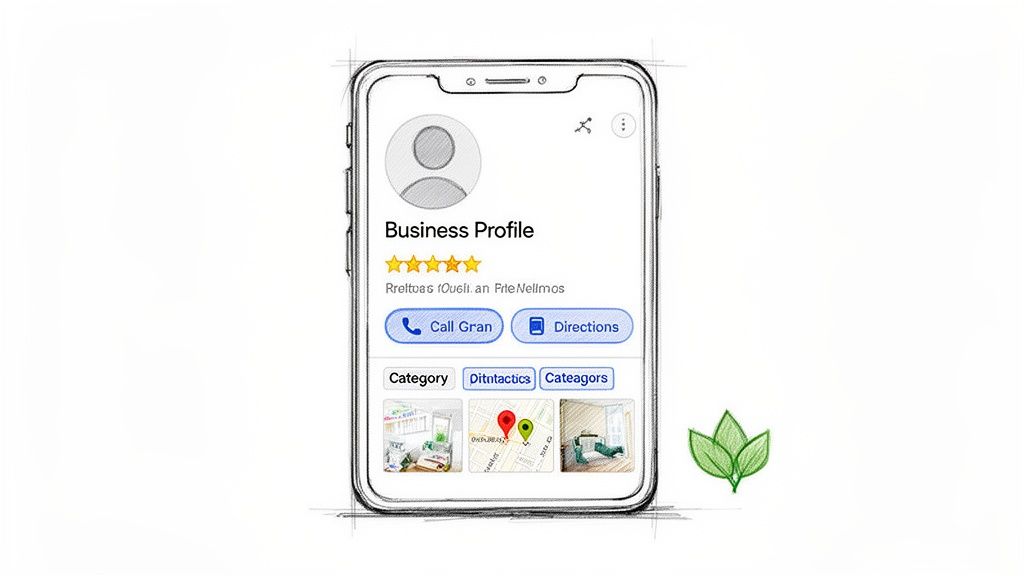 Sketch of a smartphone displaying a 'Business Profile' with star ratings, call, directions, and local map.