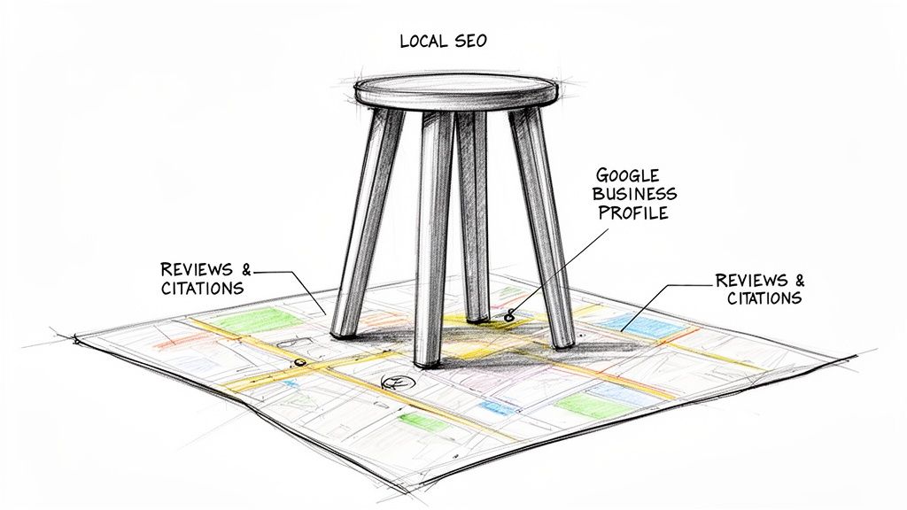 An illustration of Local SEO as a stool supported by Google Business Profile and Reviews & Citations on a map.
