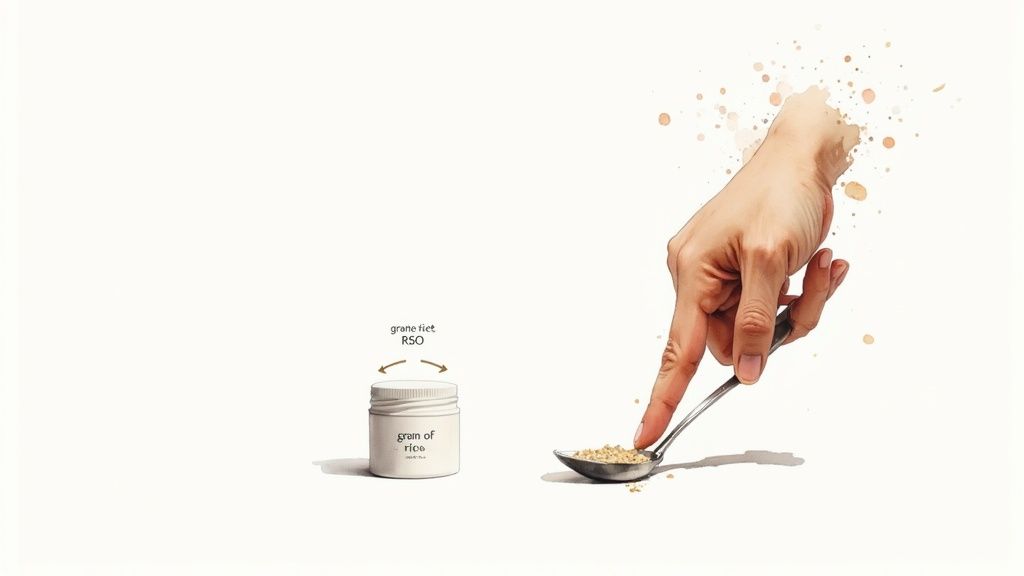 A hand holds a spoon with granular substance, next to a jar labeled 'grain of rice' and 'grane fiet RSO'.