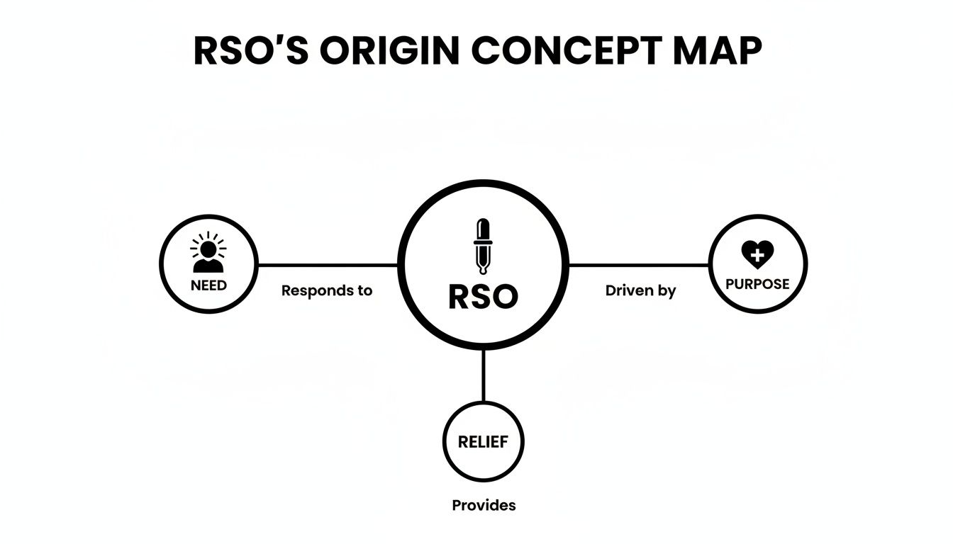 A concept map illustrating the origin of RSO, showing its connection to need, purpose, and relief.