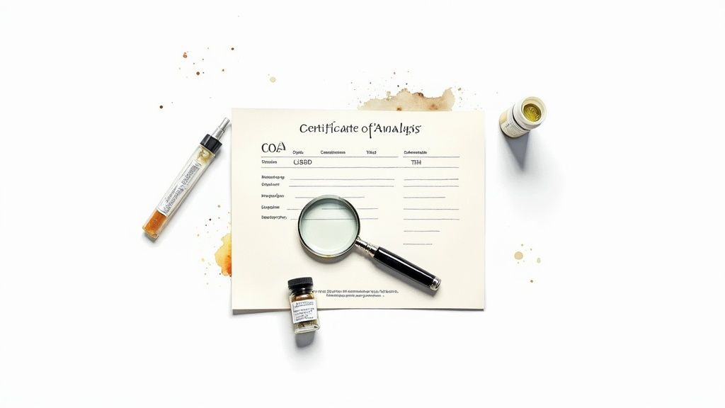 A Certificate of Analysis document, magnifying glass, and small vials on a white surface, suggesting product testing.