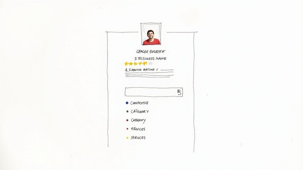A hand-drawn sketch of a user profile card featuring a man's photo, business details, star rating, and service categories.