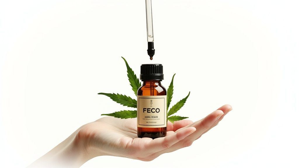 A hand holds a FECO full extract cannabis oil bottle with leaves, as a dropper drips.