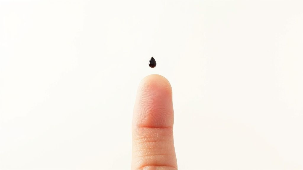 A dark drop of liquid hovers just above the tip of a human finger against a white background.