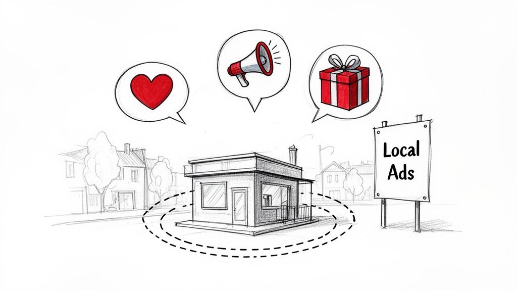 A sketch showing a local business with speech bubbles representing love, promotion, and gifts, alongside a 'Local Ads' sign.
