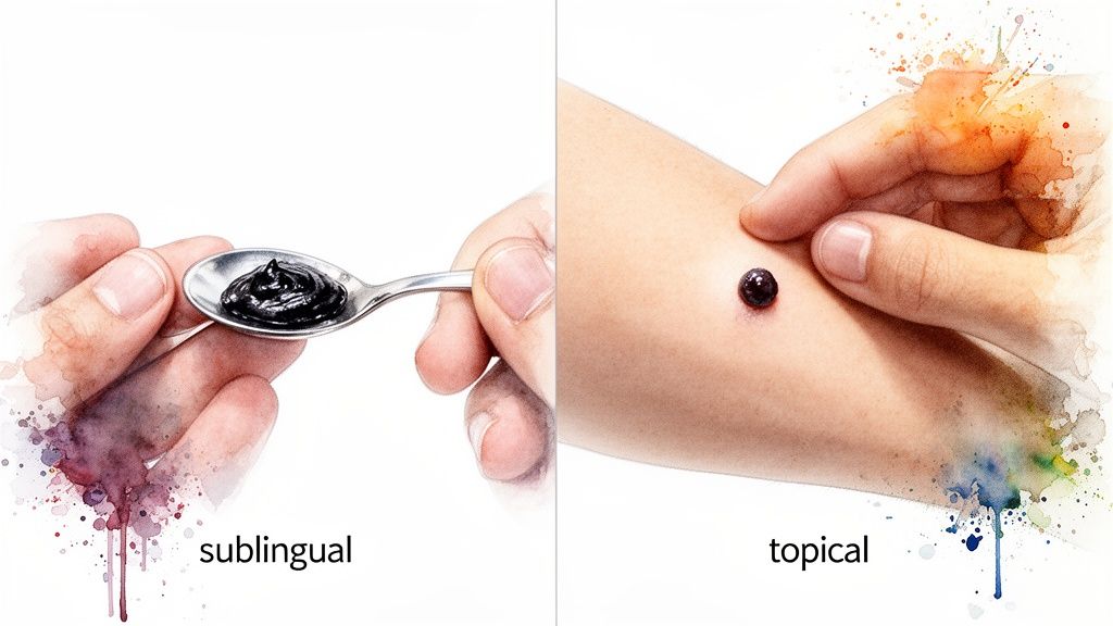 An illustration comparing sublingual and topical methods of substance application, with watercolor accents.