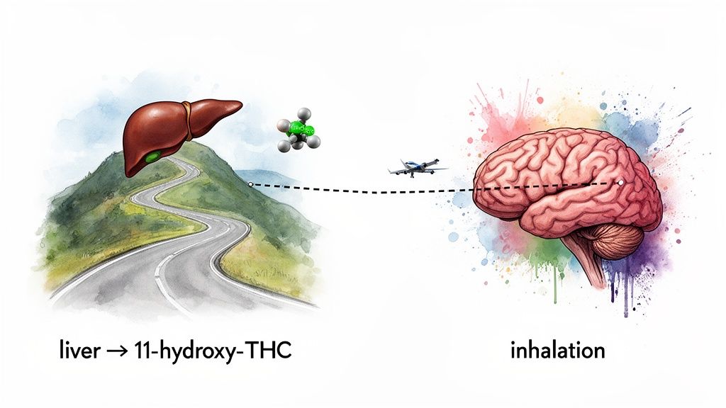 Illustration showing two pathways: liver metabolism of THC to 11-hydroxy-THC and direct inhalation to the brain.