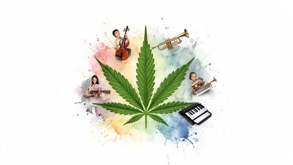 Four diverse children playing musical instruments around a vibrant green cannabis leaf on a watercolor background.
