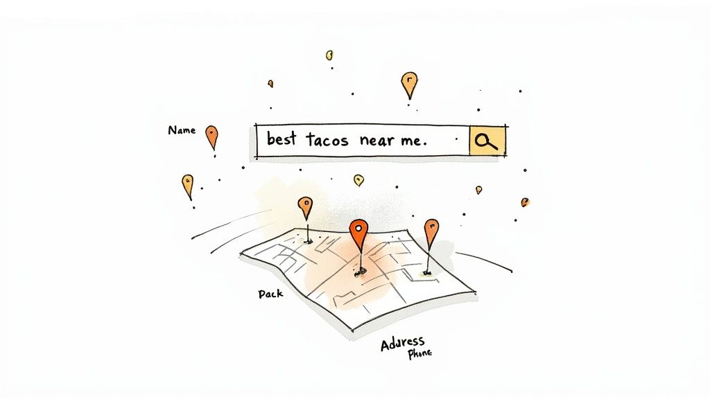 An illustration shows a search bar with 'best tacos near me' and a map displaying local businesses with location pins.