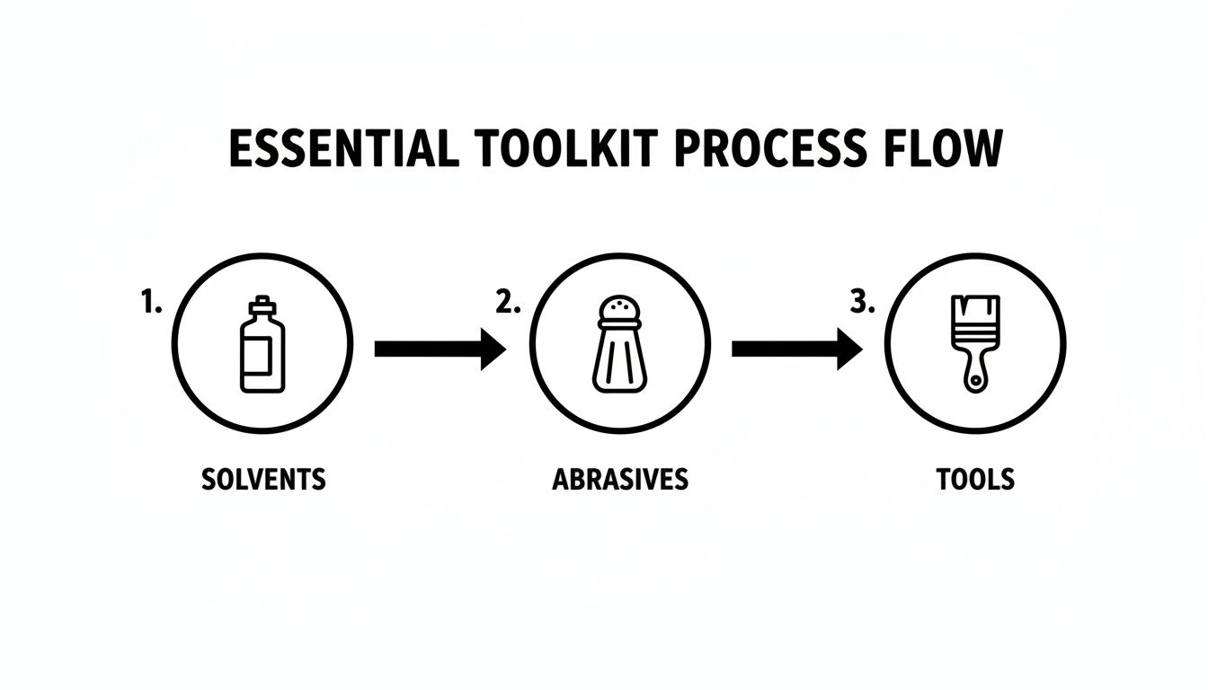 A flowchart titled 'Essential Toolkit Process Flow' showing three steps: Solvents, Abrasives, and Tools.