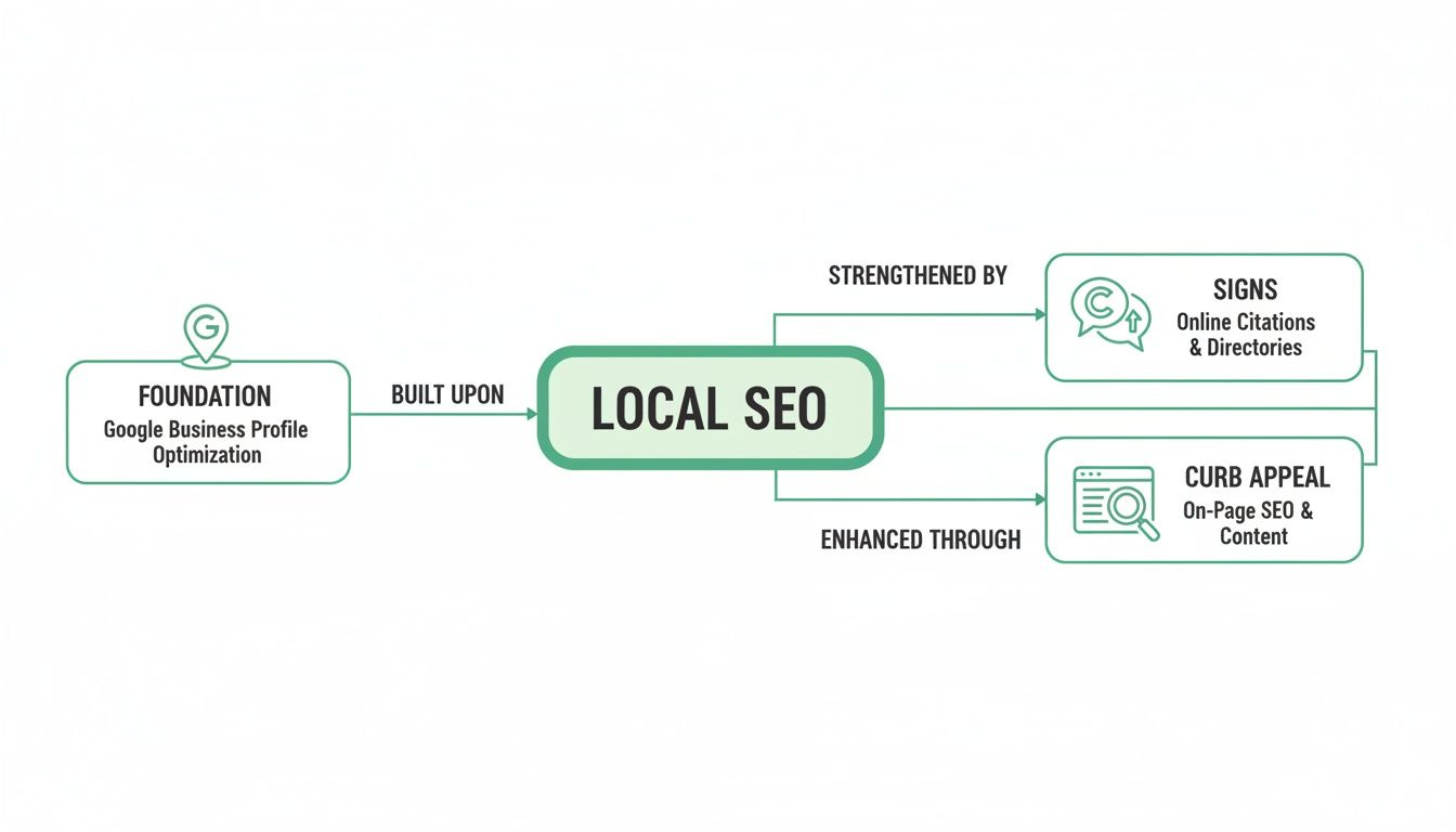 Flowchart illustrating the foundational components and strategies for effective Local SEO for businesses.