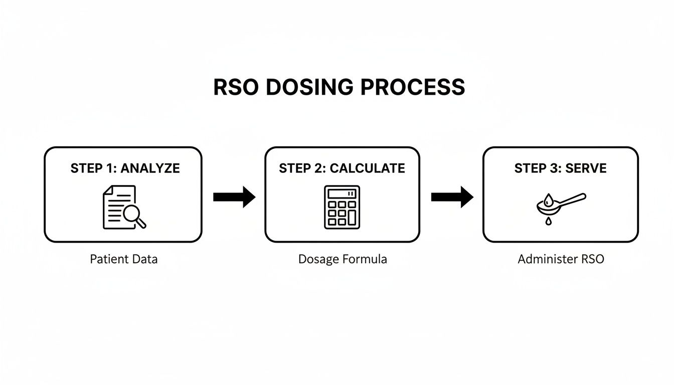 A three-step RSO dosing process infographic: analyze patient data, calculate dosage, and administer RSO.