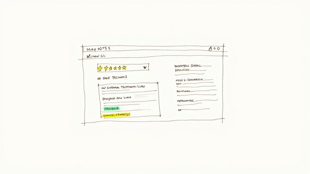 A hand-drawn wireframe sketch illustrating a web page design with navigation, star ratings, and text sections.