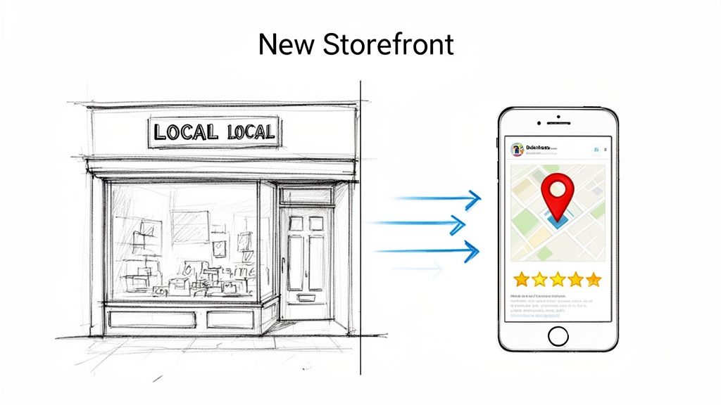 Sketch of a new local storefront linking to a mobile app showing map location and 5-star reviews.