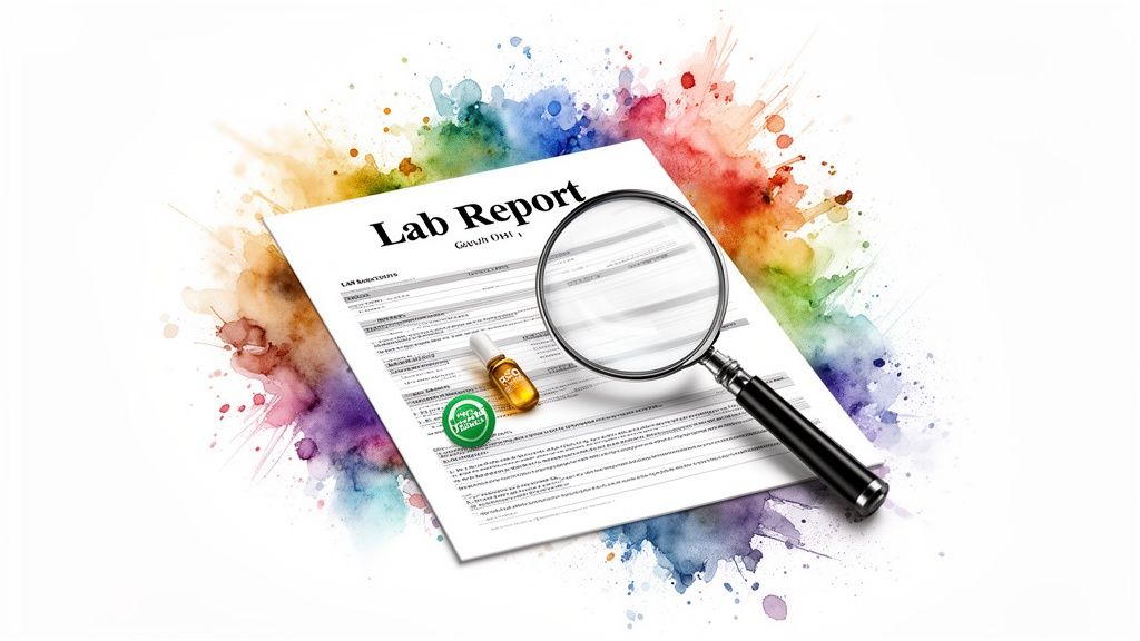 A lab report document, magnifying glass, and a small golden bottle with a green organic label on a vibrant watercolor background.