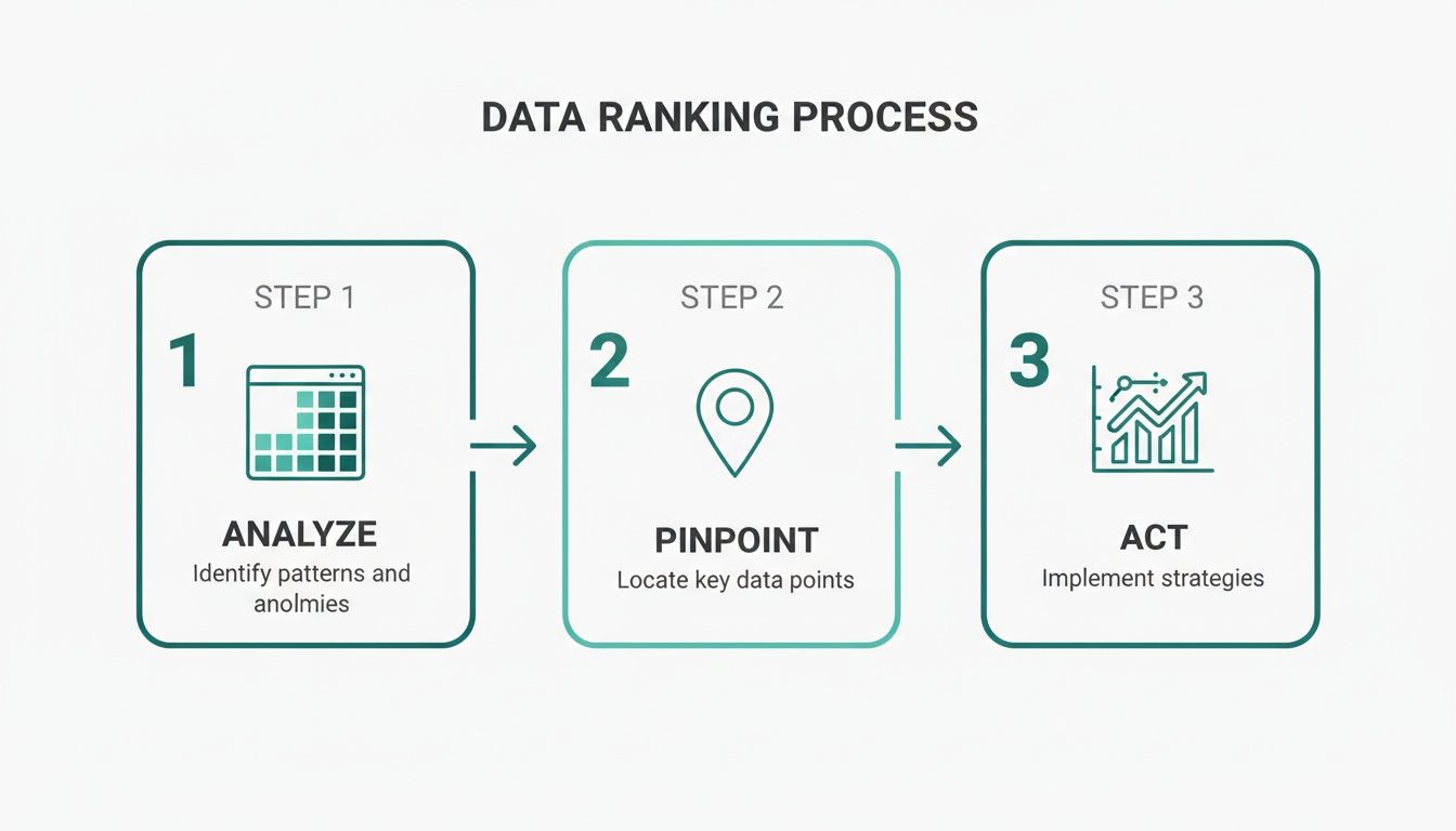 A three-step diagram outlining the data ranking process: Analyze, Pinpoint, and Act.