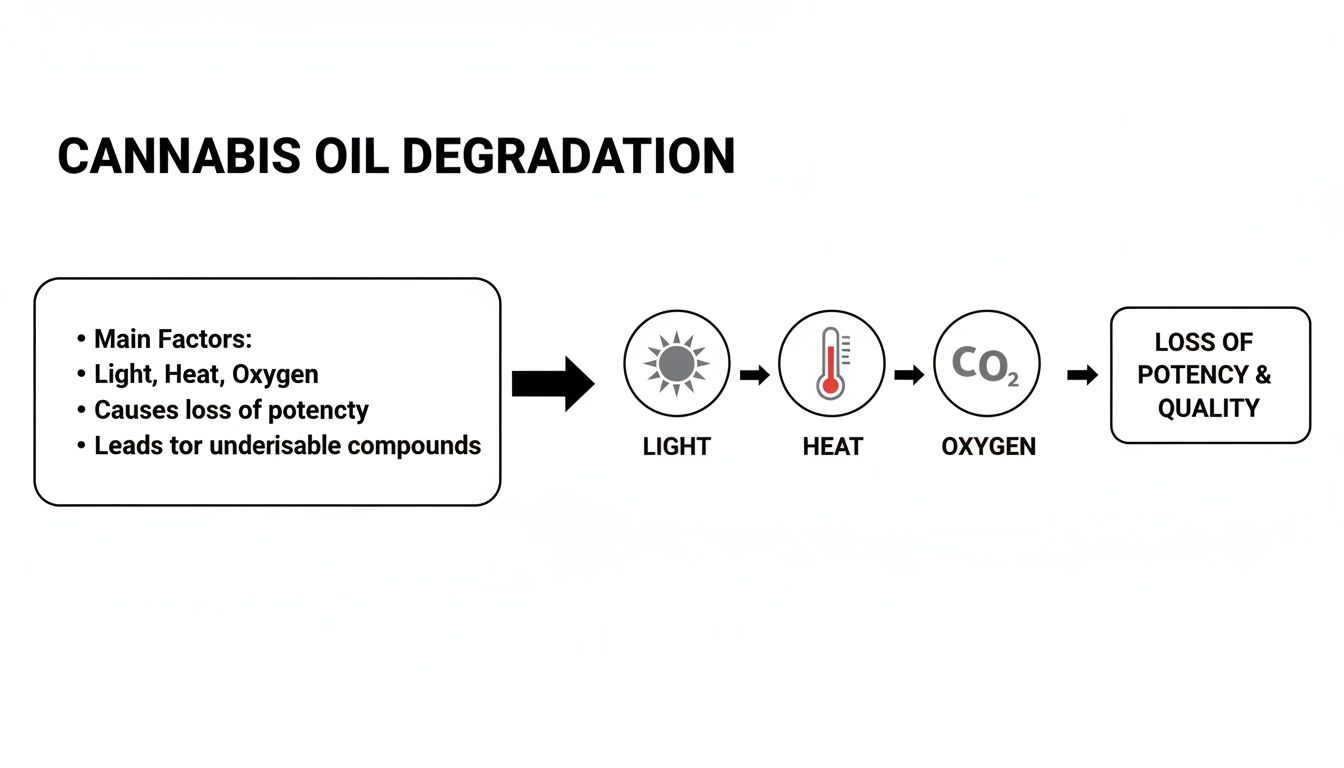 Diagram illustrating cannabis oil degradation caused by light, heat, and oxygen, leading to loss of potency and quality.