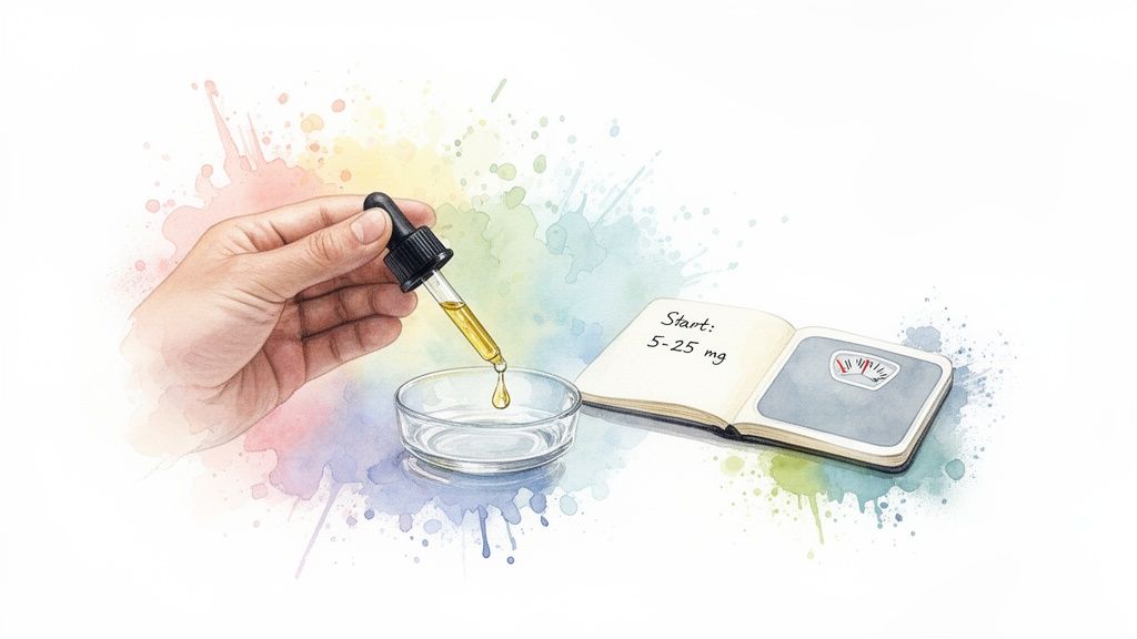 A hand uses a dropper to dispense liquid into a small dish, next to a notebook with a dosage plan.