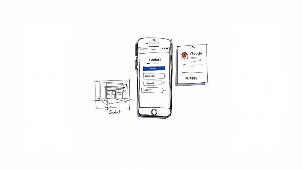A hand-drawn sketch of a mobile app interface, contact forms, a building, and Google Maps concepts.