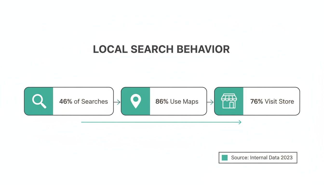 Infographic illustrating local search behavior: 46% of searches lead to 86% using maps, resulting in 76% visiting a store.