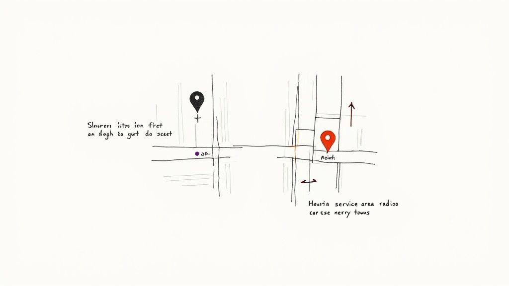 A hand-drawn map sketch showing roads, a black map pin, a red map pin, and handwritten text.