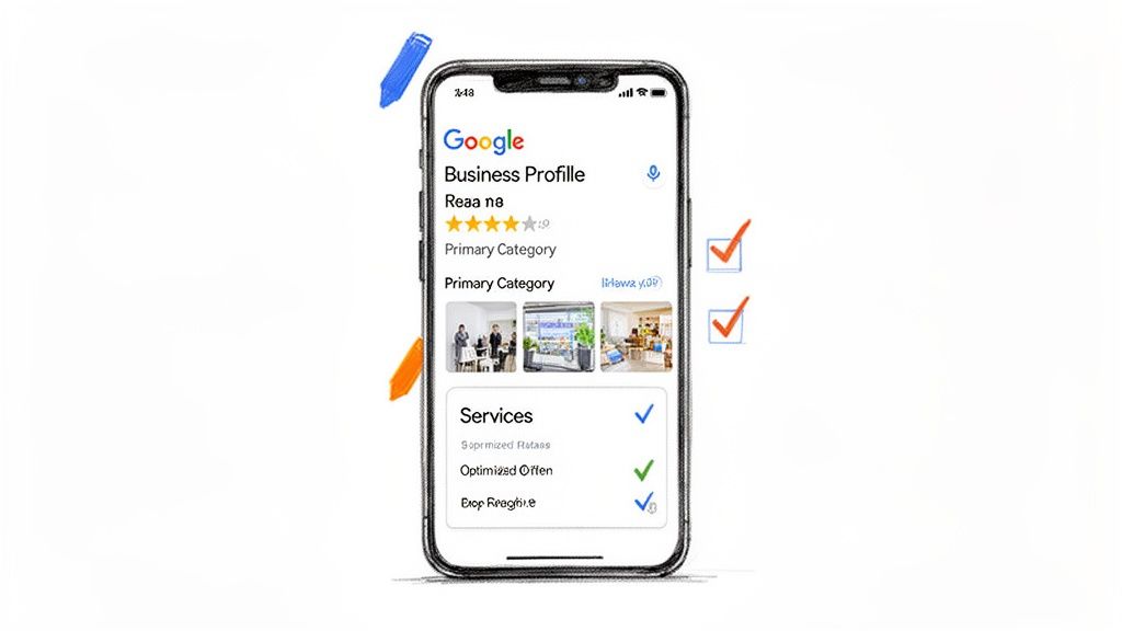 A smartphone displaying a Google Business Profile with business details, services, and checkmarks.