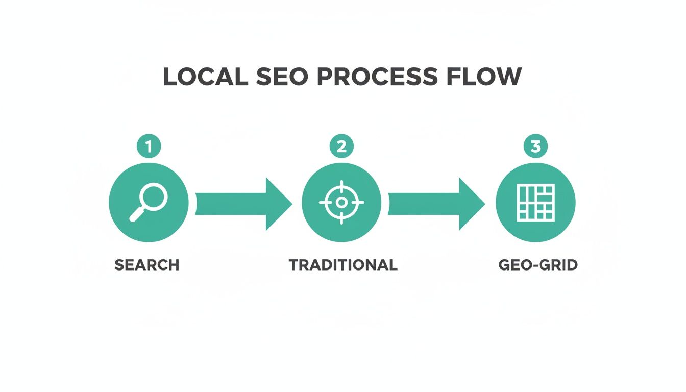 A three-step local SEO process flow diagram showing Search, Traditional, and Geo-Grid stages.