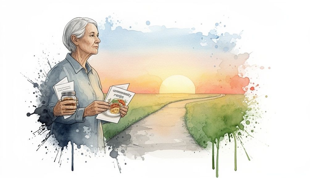 Watercolor painting of an elderly woman holding a jar and a 'community recipe' booklet, looking towards a path and sunset.