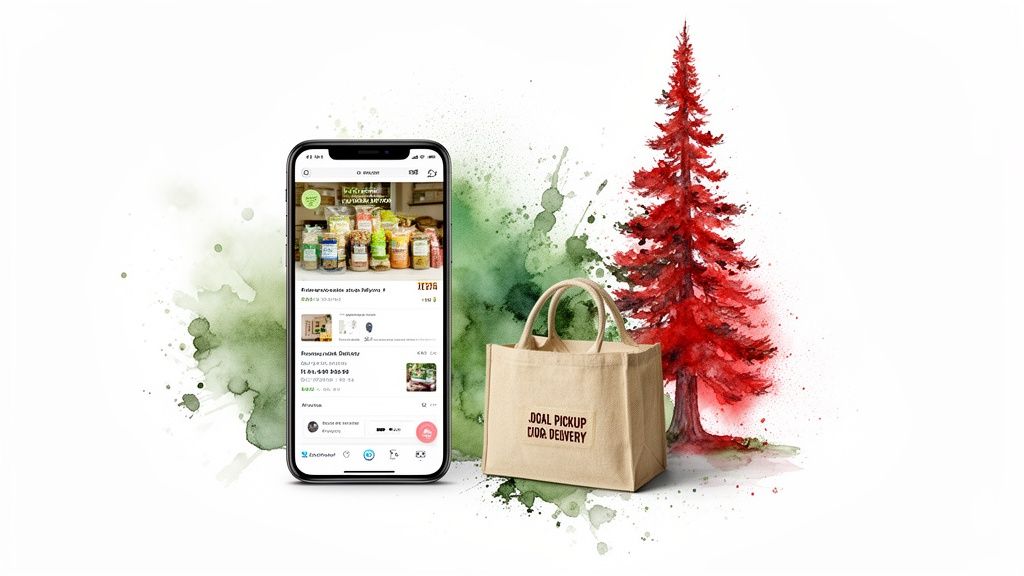 A smartphone showing an online shopping app next to a canvas bag and a red watercolor tree.
