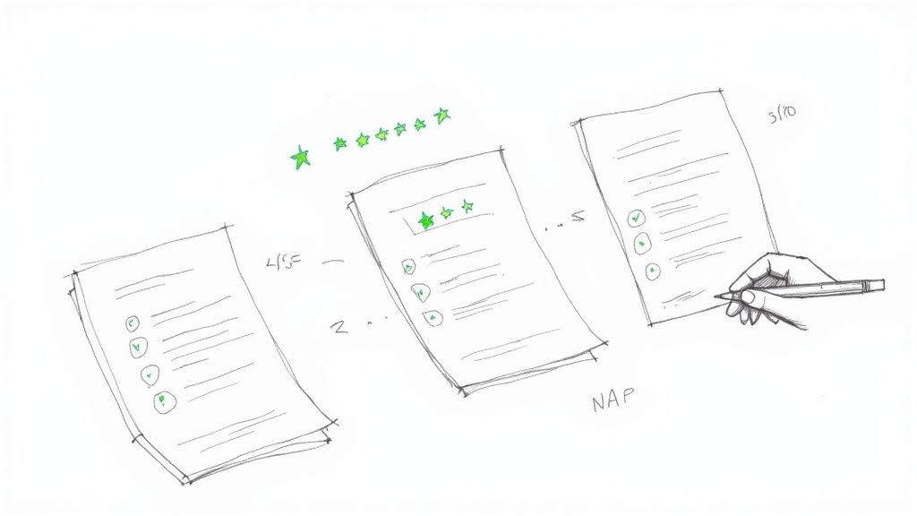 A person holding a phone showing five-star reviews for a local business