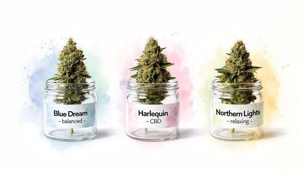 Three glass jars displaying popular cannabis strains: Blue Dream, Harlequin, and Northern Lights, with descriptions.