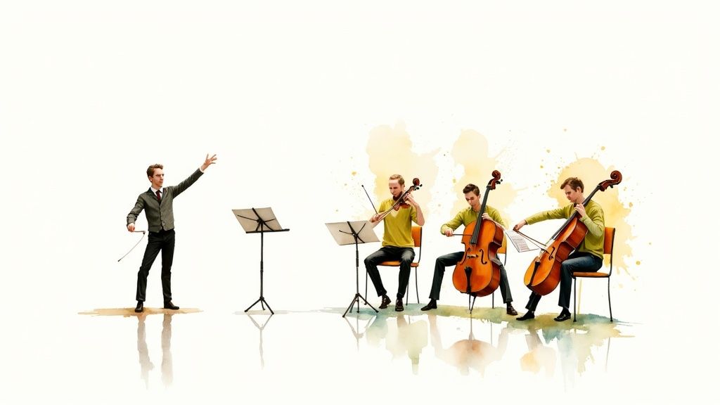 A conductor leads three string musicians (one violinist, two cellists) performing in a minimalist setting.