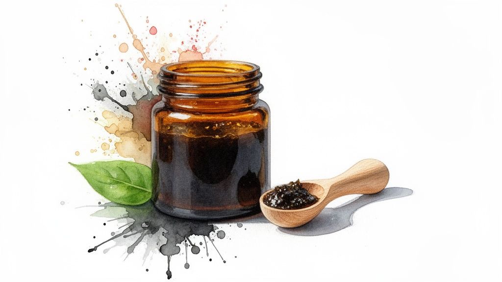 Watercolor illustration of dark RSO oil in an amber jar, with a wooden spoon and green leaf.