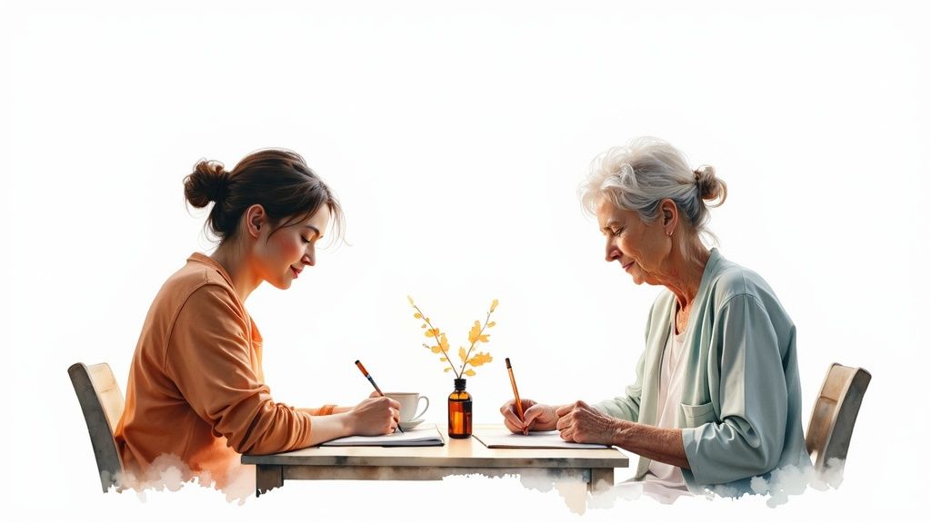A young woman and an elderly woman write at a table, sharing a quiet moment of focus.