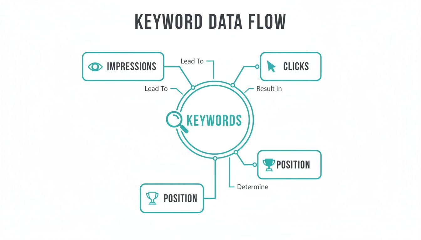 A data flow diagram illustrating how keywords lead to impressions, clicks, and determine search position.