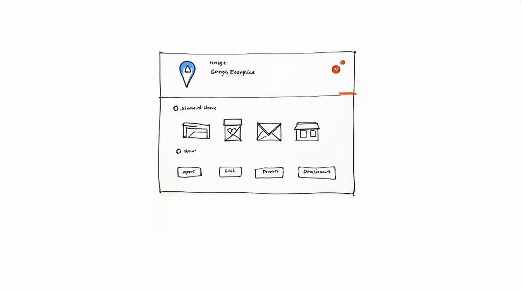 A hand-drawn sketch of a local business listing interface with a map pin, business details, icons, and call-to-action buttons.