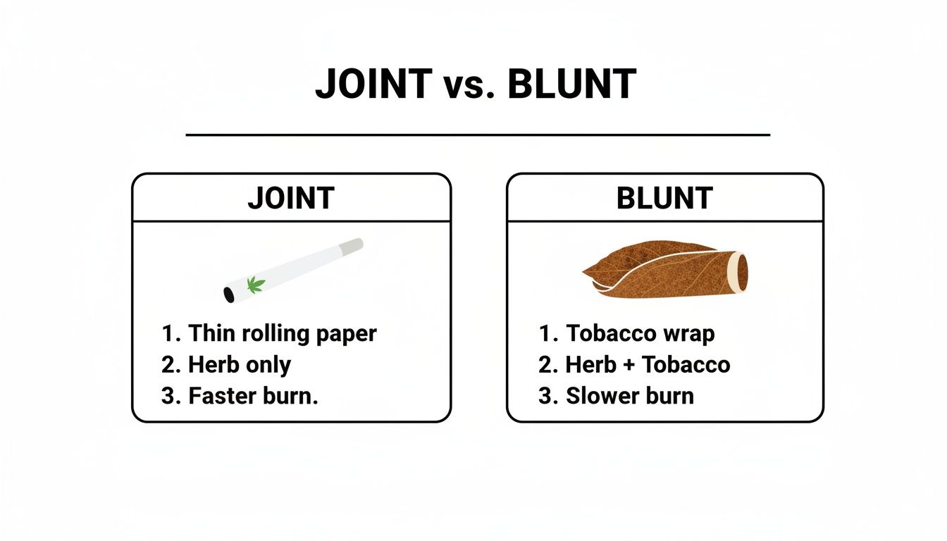 A comparison chart highlighting the differences between a joint and a blunt, detailing ingredients and burn time.